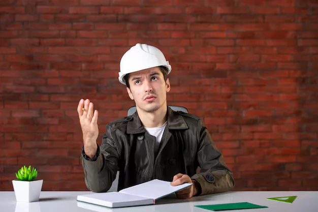 front view male engineer sitting his working place white helmet listing notepad document plan business corporate job builder property agenda 140725 155292 front view male engineer sitting his working place white helmet listing notepad document plan business corporate job builder property agenda 140725 155292
