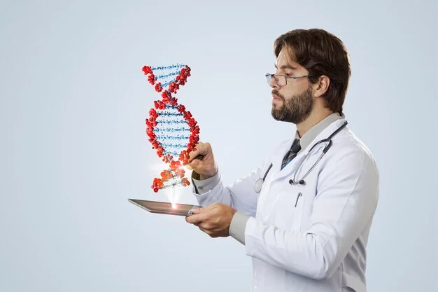 male doctor looking virtual dna coming out tablet gray wall 306105 1482